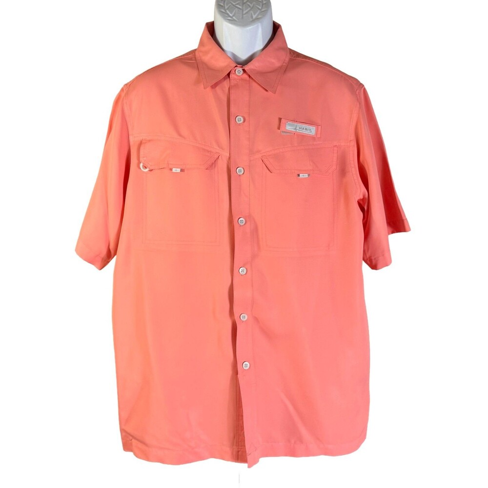 HABIT Men's Short Sleeve Button Down Vented Fishing Shirt Peach Medium